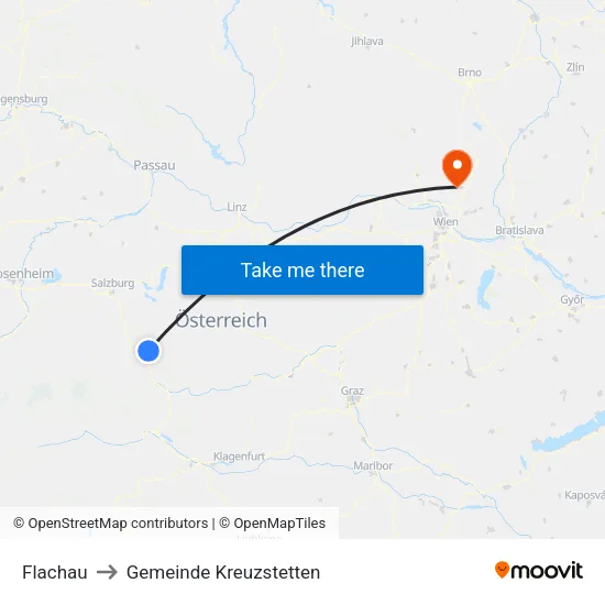 Flachau to Gemeinde Kreuzstetten map