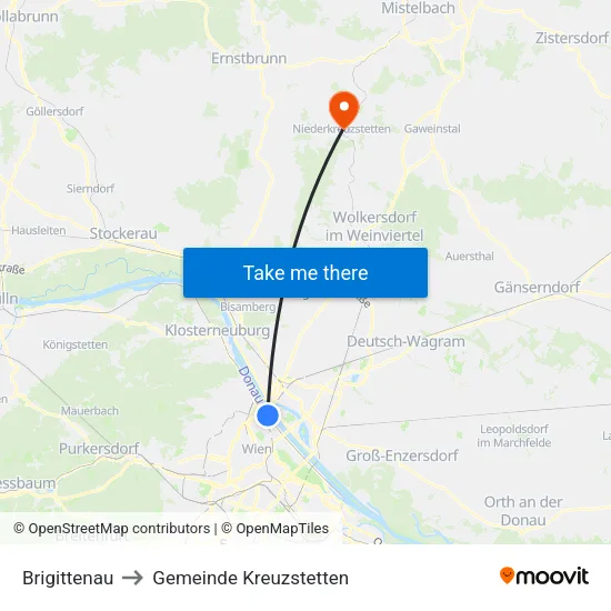 Brigittenau to Gemeinde Kreuzstetten map