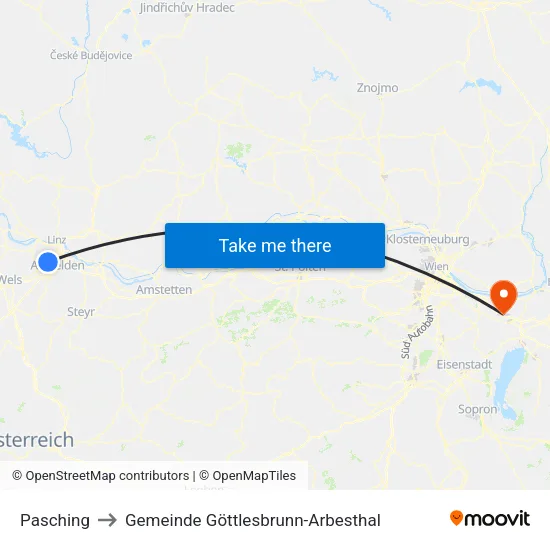 Pasching to Gemeinde Göttlesbrunn-Arbesthal map