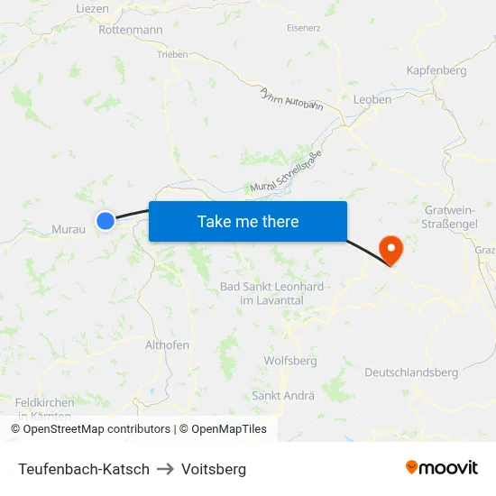 Teufenbach-Katsch to Voitsberg map