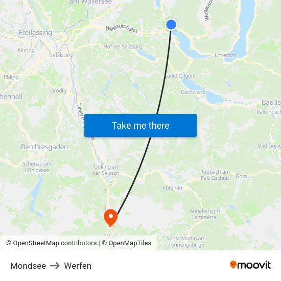 Mondsee to Werfen map