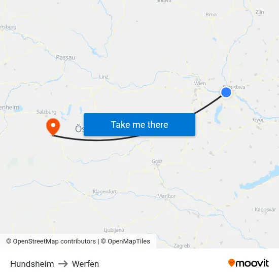 Hundsheim to Werfen map