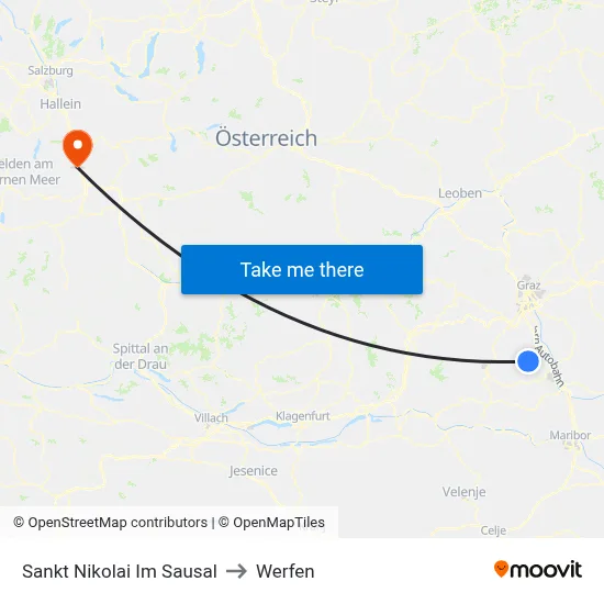 Sankt Nikolai Im Sausal to Werfen map
