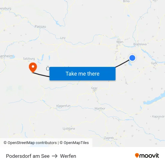 Podersdorf am See to Werfen map