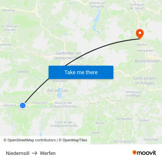 Niedernsill to Werfen map