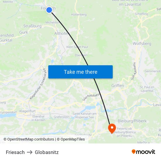 Friesach to Globasnitz map