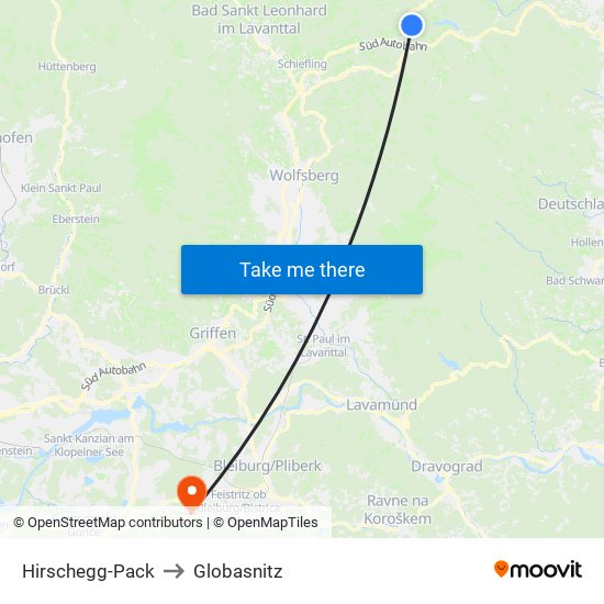 Hirschegg-Pack to Globasnitz map