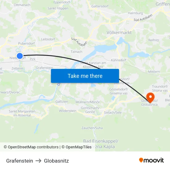 Grafenstein to Globasnitz map