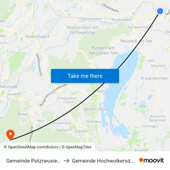 Gemeinde Potzneusiedl to Gemeinde Hochwolkersdorf map