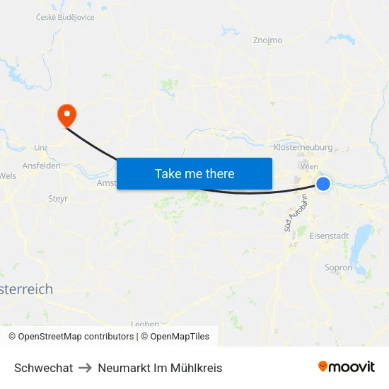 Schwechat to Neumarkt Im Mühlkreis map