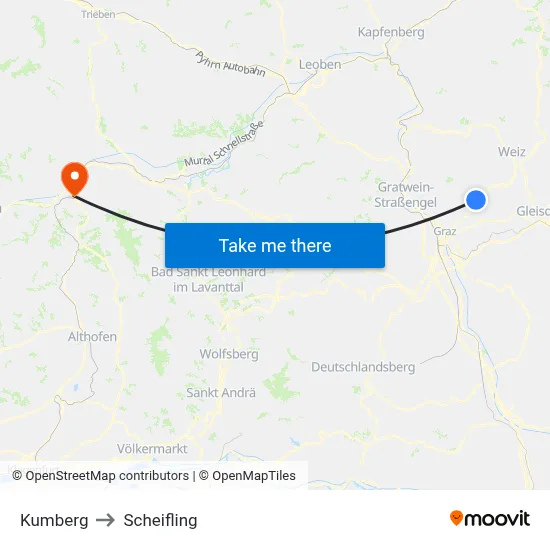 Kumberg to Scheifling map