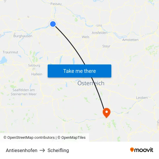 Antiesenhofen to Scheifling map