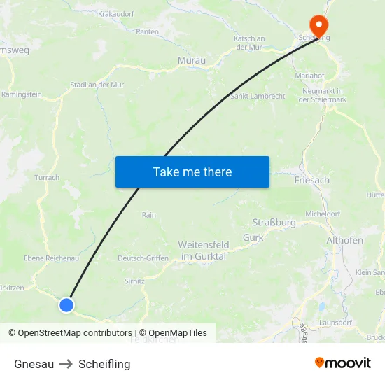 Gnesau to Scheifling map