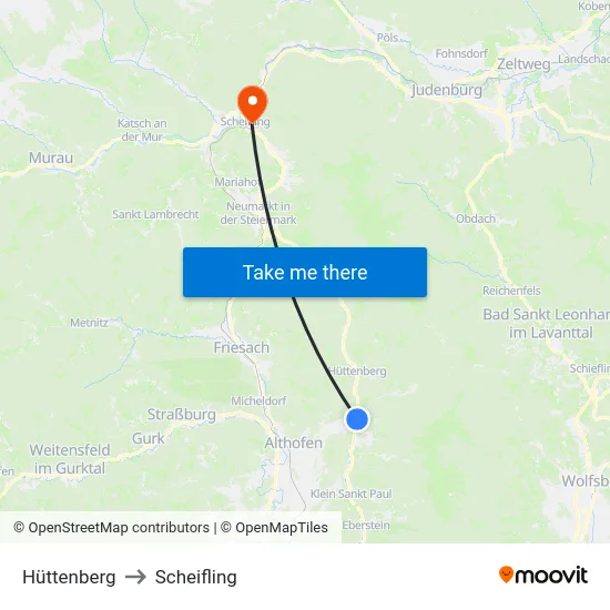 Hüttenberg to Scheifling map