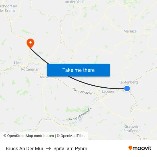 Bruck An Der Mur to Spital am Pyhrn map