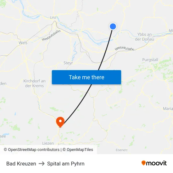 Bad Kreuzen to Spital am Pyhrn map