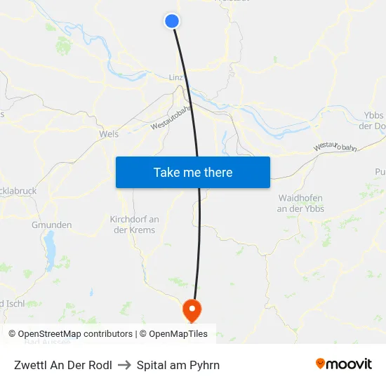 Zwettl An Der Rodl to Spital am Pyhrn map