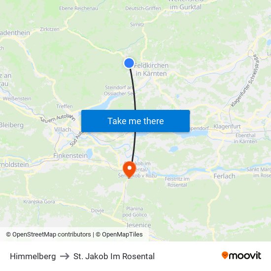 Himmelberg to St. Jakob Im Rosental map