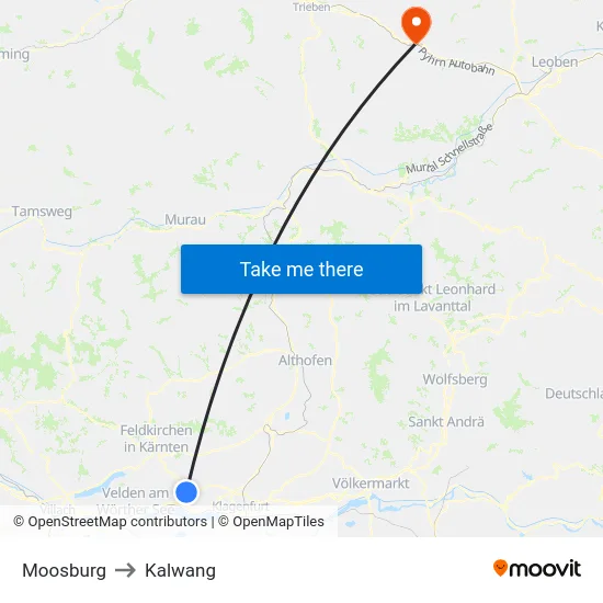 Moosburg to Kalwang map