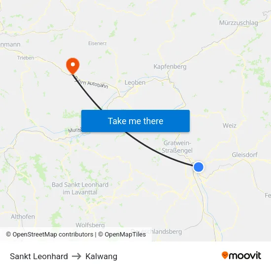 Sankt Leonhard to Kalwang map