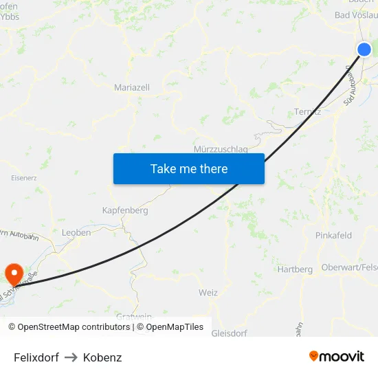 Felixdorf to Kobenz map