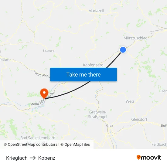 Krieglach to Kobenz map