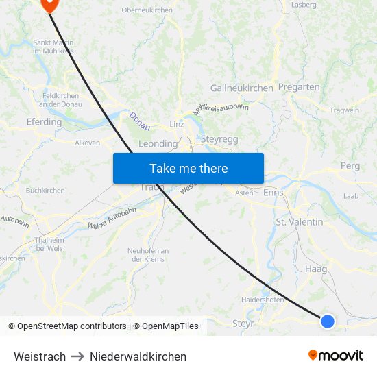 Weistrach to Niederwaldkirchen map