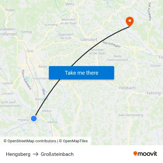 Hengsberg to Großsteinbach map
