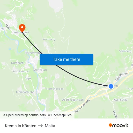 Krems In Kärnten to Malta map