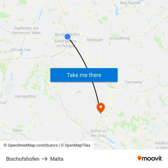 Bischofshofen to Malta map