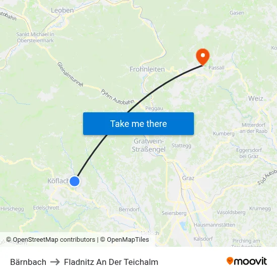 Bärnbach to Fladnitz An Der Teichalm map