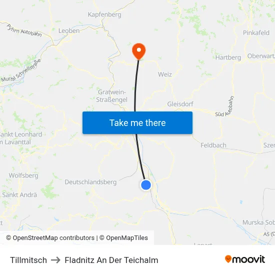 Tillmitsch to Fladnitz An Der Teichalm map