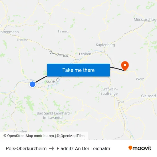 Pöls-Oberkurzheim to Fladnitz An Der Teichalm map