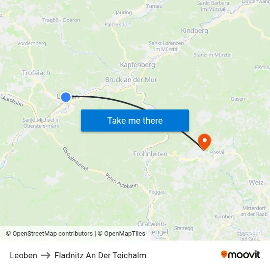 Leoben to Fladnitz An Der Teichalm map