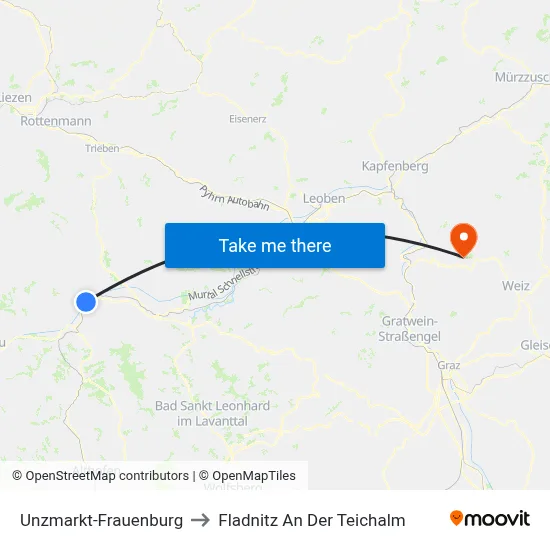 Unzmarkt-Frauenburg to Fladnitz An Der Teichalm map