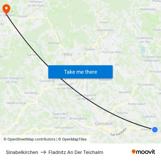Sinabelkirchen to Fladnitz An Der Teichalm map