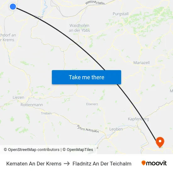 Kematen An Der Krems to Fladnitz An Der Teichalm map