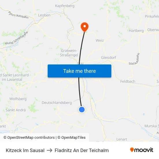 Kitzeck Im Sausal to Fladnitz An Der Teichalm map