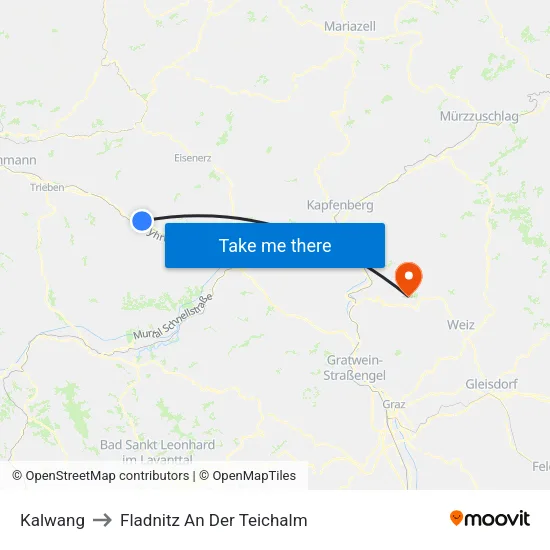 Kalwang to Fladnitz An Der Teichalm map