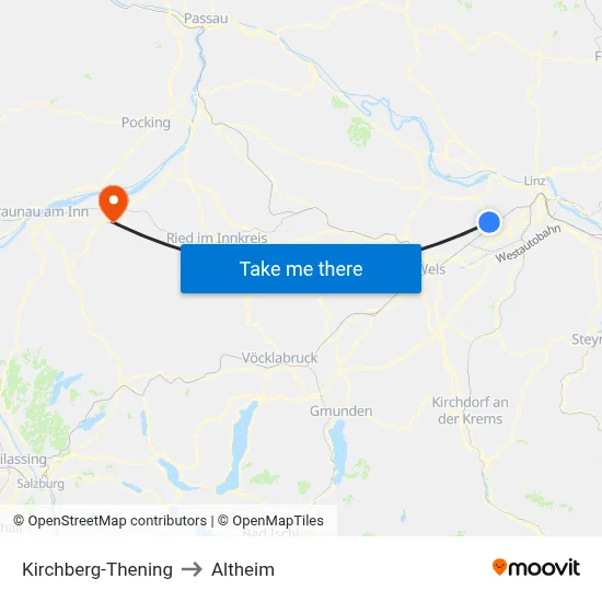 Kirchberg-Thening to Altheim map