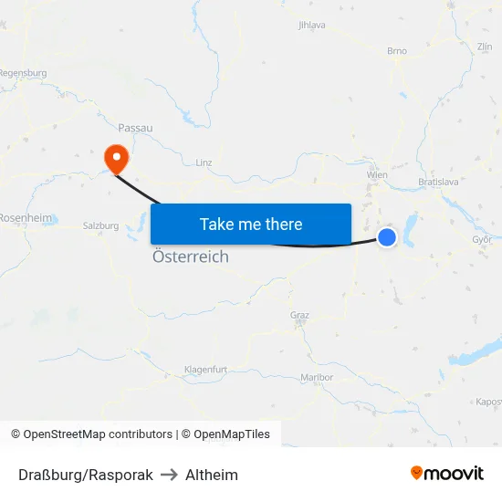 Draßburg/Rasporak to Altheim map