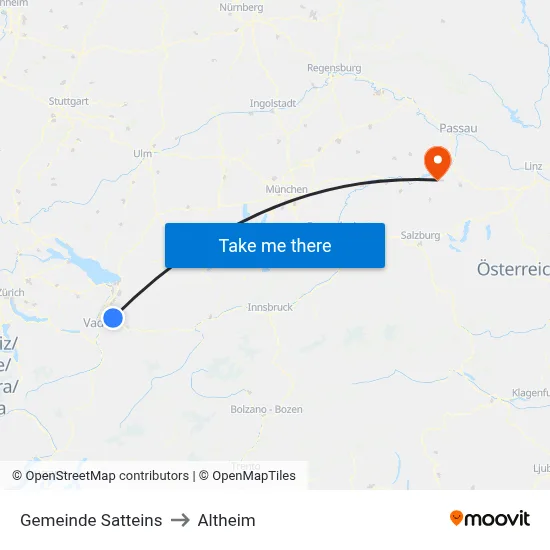 Gemeinde Satteins to Altheim map