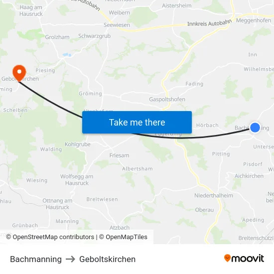 Bachmanning to Geboltskirchen map