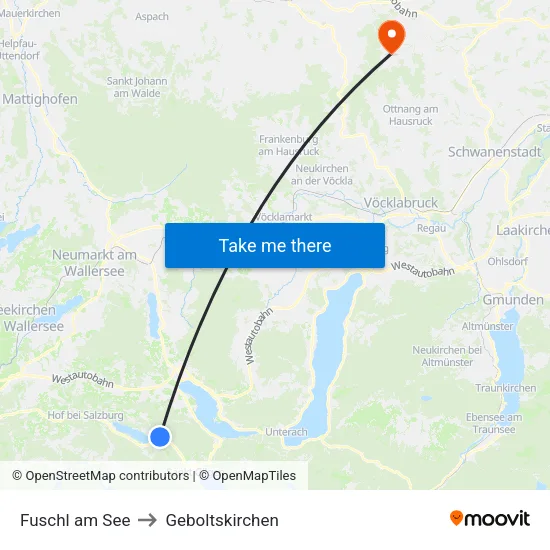 Fuschl am See to Geboltskirchen map