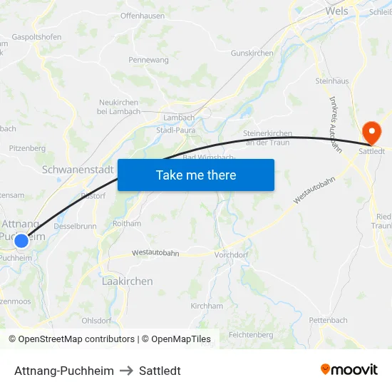 Attnang-Puchheim to Sattledt map