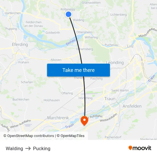 Walding to Pucking map