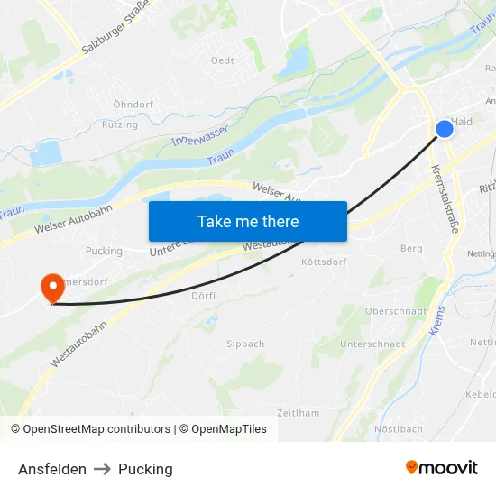 Ansfelden to Pucking map