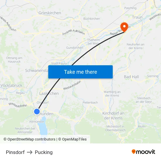 Pinsdorf to Pucking map