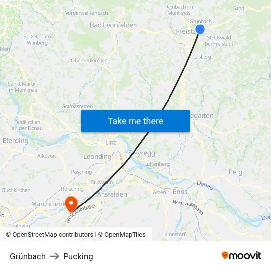 Grünbach to Pucking map