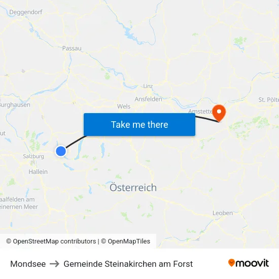 Mondsee to Gemeinde Steinakirchen am Forst map